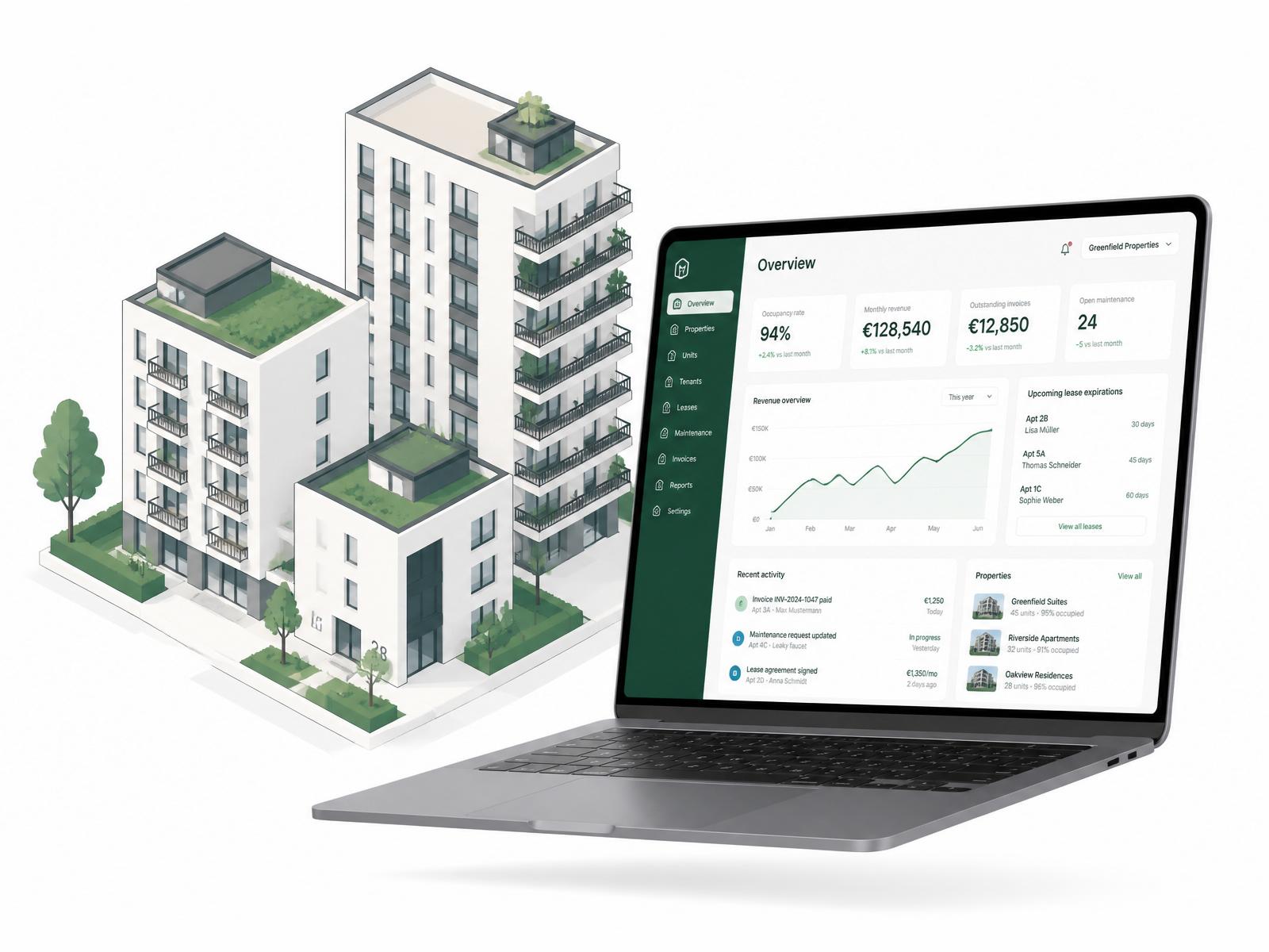 PropertyPro dashboard on a laptop next to modern German apartment buildings